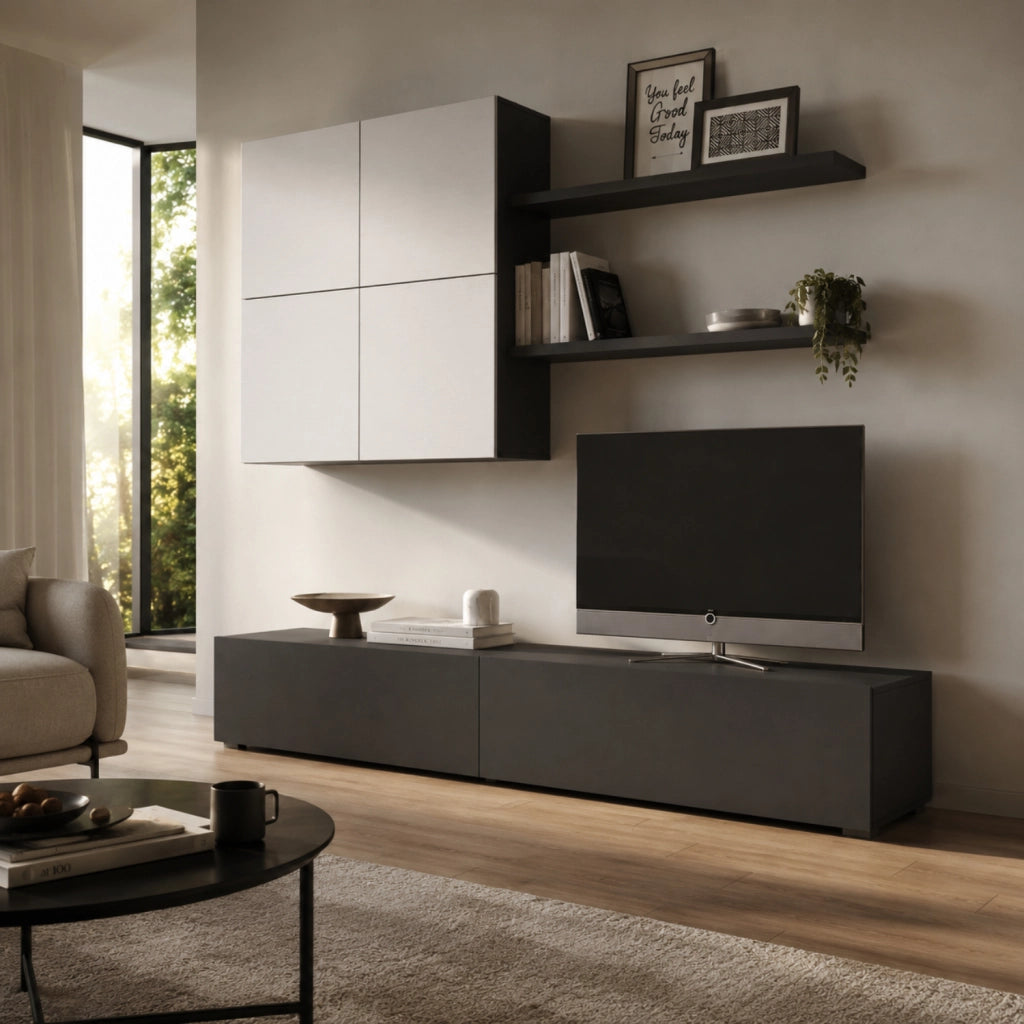 Parete Attrezzata Per Soggiorno Con Mobile Base TV 2 Ante Pensile 4 Ante E 2 Mensole Stile Contemporaneo In Melaminico Facile Da Pulire Bianco E Grigio Grafite
