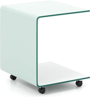 Tavolino bianco in vetro temperato, tavolino da caffè con ruote, tavolo in vetro per soggiorno, moderno, comodino, soggiorno, a forma di C, tavolino da caffè per soggiorno, 39,5 x 45 x 48 cm