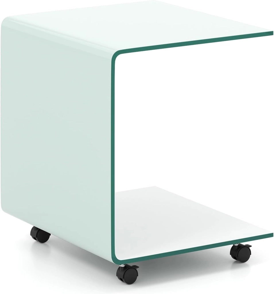 Tavolino bianco in vetro temperato, tavolino da caffè con ruote, tavolo in vetro per soggiorno, moderno, comodino, soggiorno, a forma di C, tavolino da caffè per soggiorno, 39,5 x 45 x 48 cm