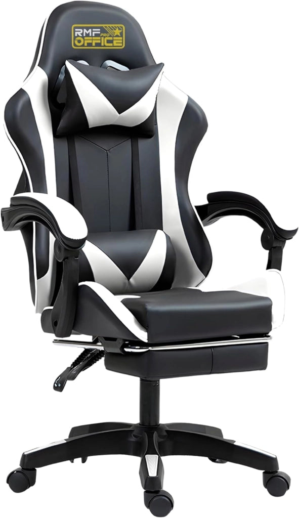 RMF Sedia Gaming Professionale Ergonomica Reclinabile, Poltrona Gaming Seduta Comoda e Rilassante con Poggiapiedi - Sedia per Gamer con Ruote Girevoli, Altezza Regolabile (Bianca-Nero)