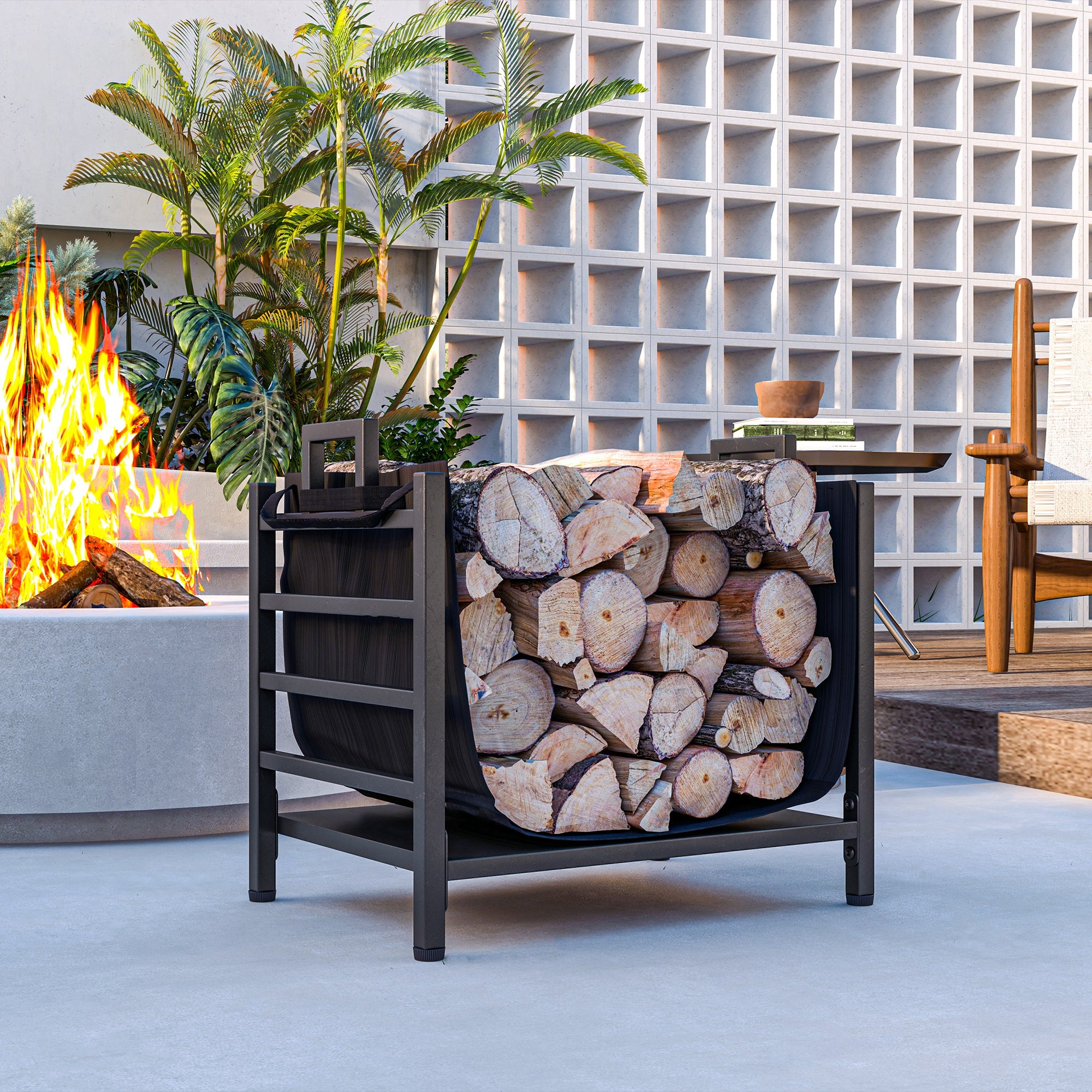 Portalegna da Esterno e Interno 49x34x44 cm in Acciaio con Borsa di Trasporto in Tessuto Oxford 600D Nero