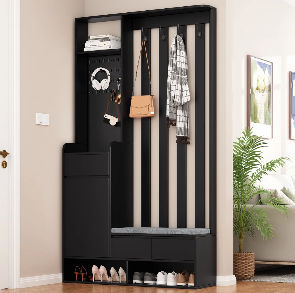 Guardaroba da ingresso 6 in 1 con panca imbottita nero