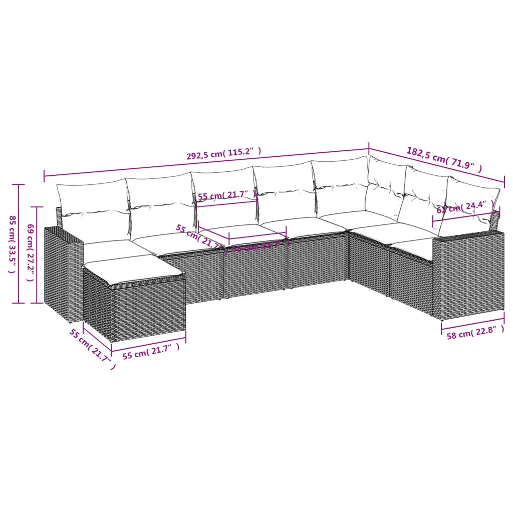 Set Divano da Giardino 8 pz con Cuscini Beige in Polyrattan 3251695