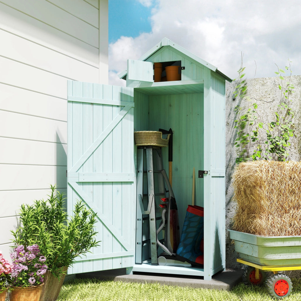 Casetta da Giardino Porta Attrezzi in Legno con 3 Ripiani, 77x54.2x179cm, Blu