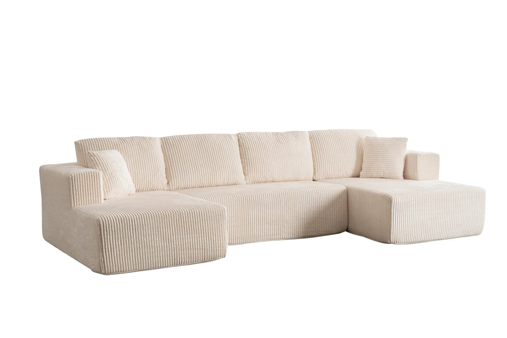 Divano panoramico a U modulare senza montaggio con 6 cuscini in velluto a coste bianco 332 × 156 × 88 cm