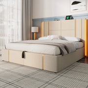 Letto matrimoniale imbottito ULEVR 160x200 cm con contenitore idraulico, LED RGB, USB e Type-C, beige