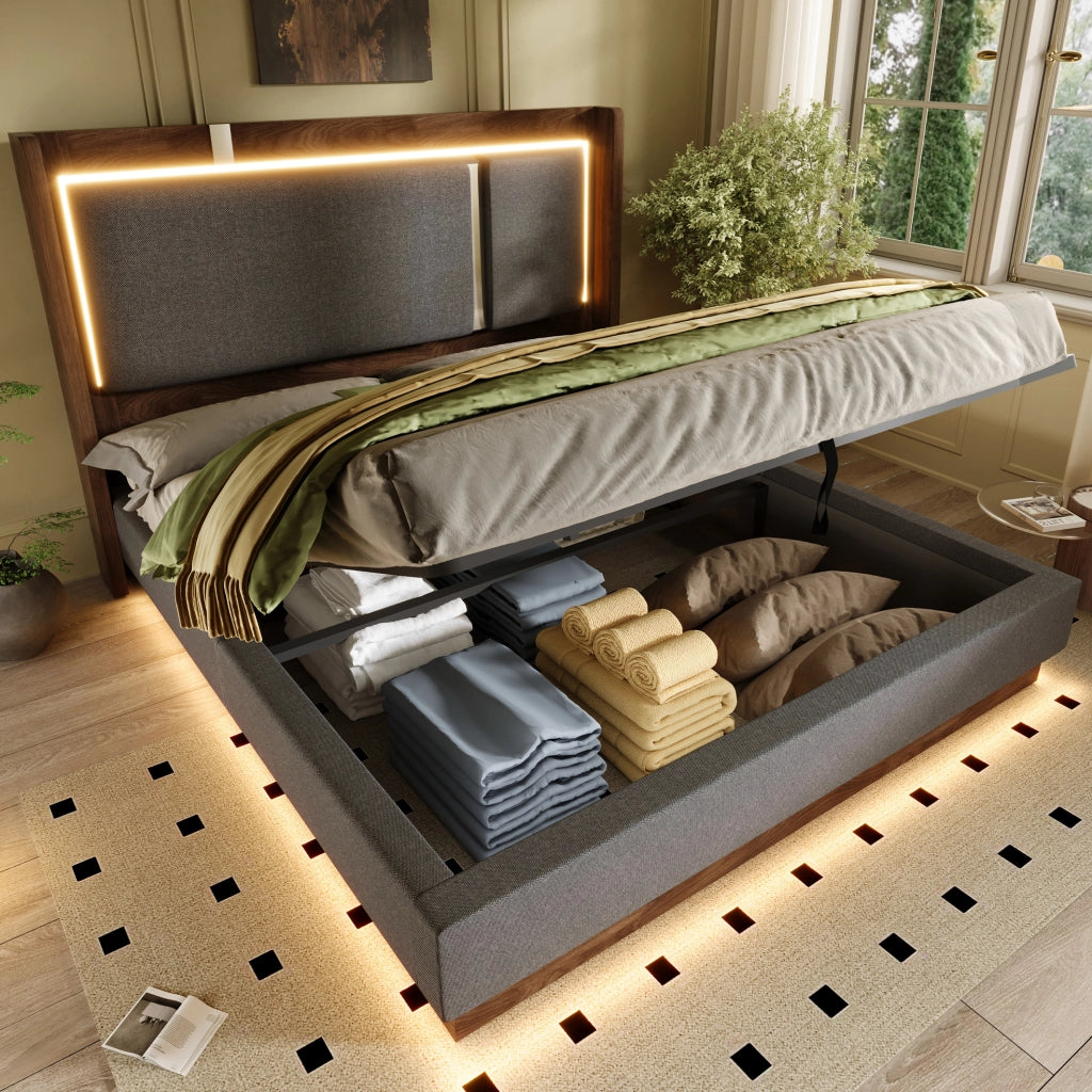 Letto imbottito 160x200 cm con contenitore e LED in lino; legno grigio e noce