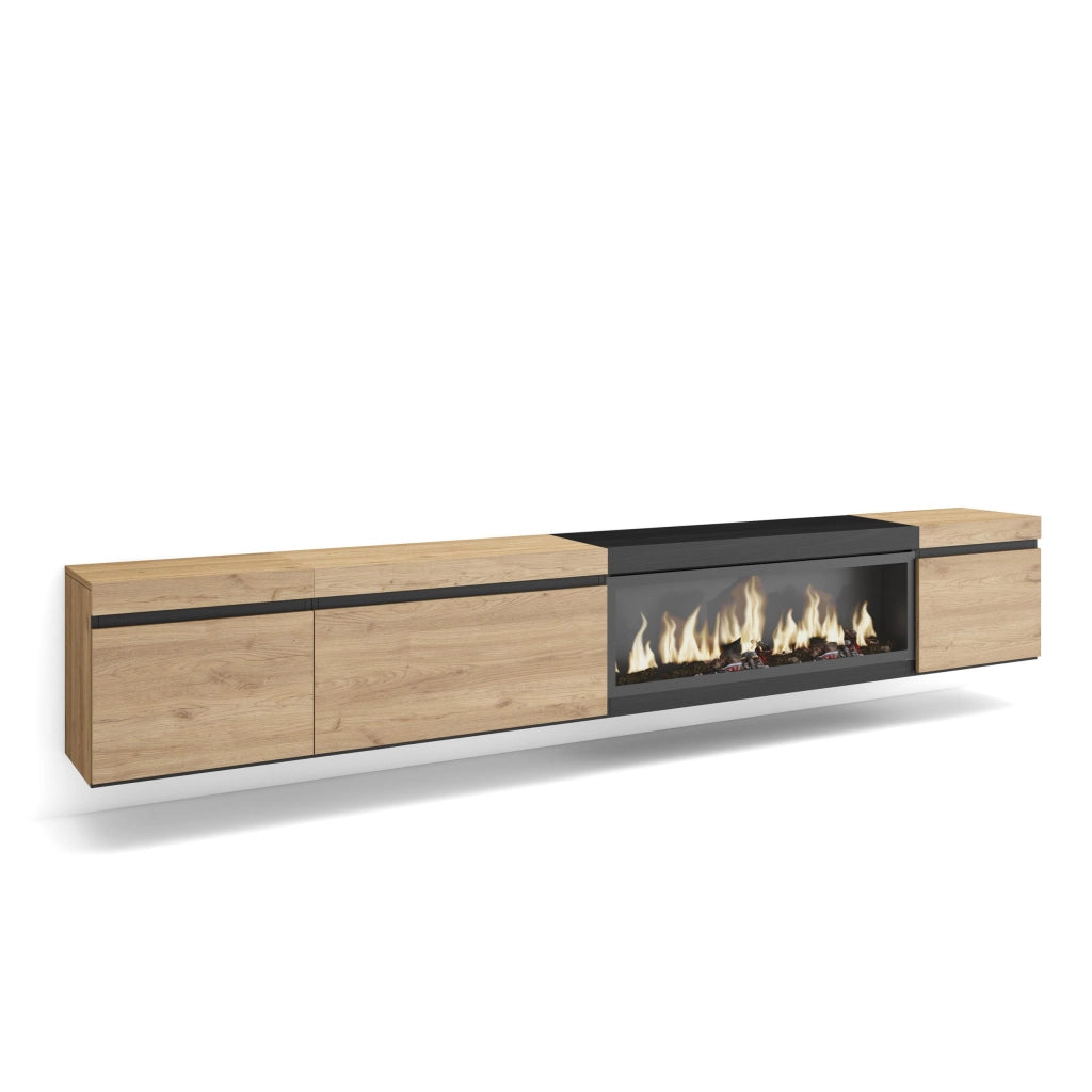 Mobile TV Soggiorno, 288x35x45cm, TV di grande formato, Camino elettrico XXL, da appendere, colore Rovere e nero RF3615