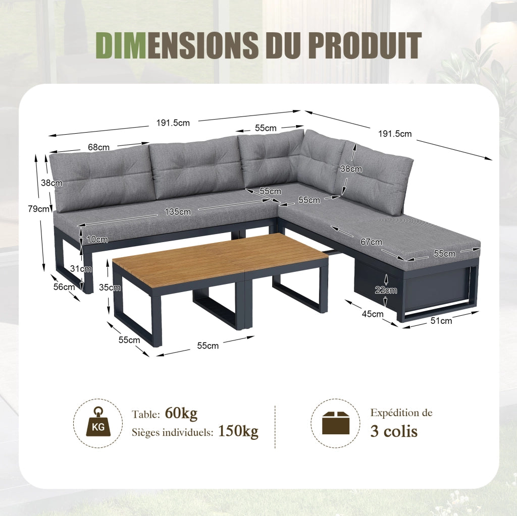 Set da giardino modulare grigio con schienale regolabile, contenitore e cuscini confortevoli