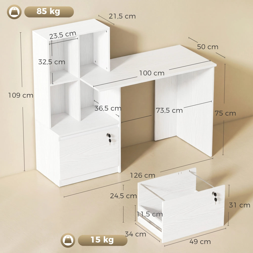 Scrivania computer con libreria 4 ripiani e cassetto ¨C Xylo ¨C Legno bianco 126x50x109 cm