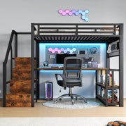 Letto a soppalco 140x200 cm in metallo e MDF nero con scrivania; ripiano; LED e USB