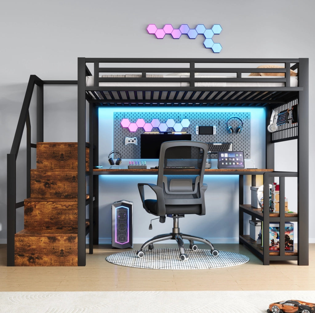 Letto a soppalco 140x200 cm in metallo e MDF nero con scrivania; ripiano; LED e USB