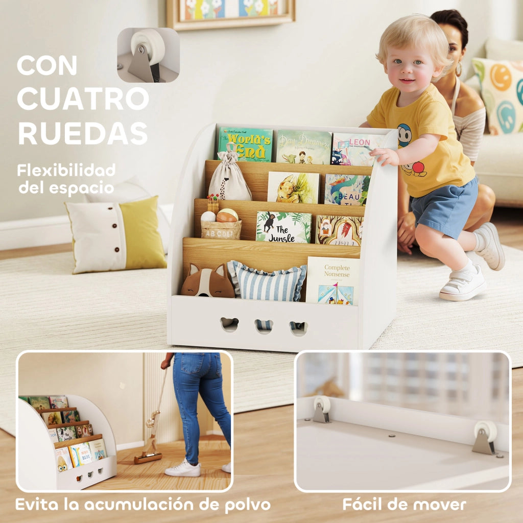Scaffale per Bambini 4 Ripiani ¨C Zephmum ¨C Bianco e Naturale 60x53x60