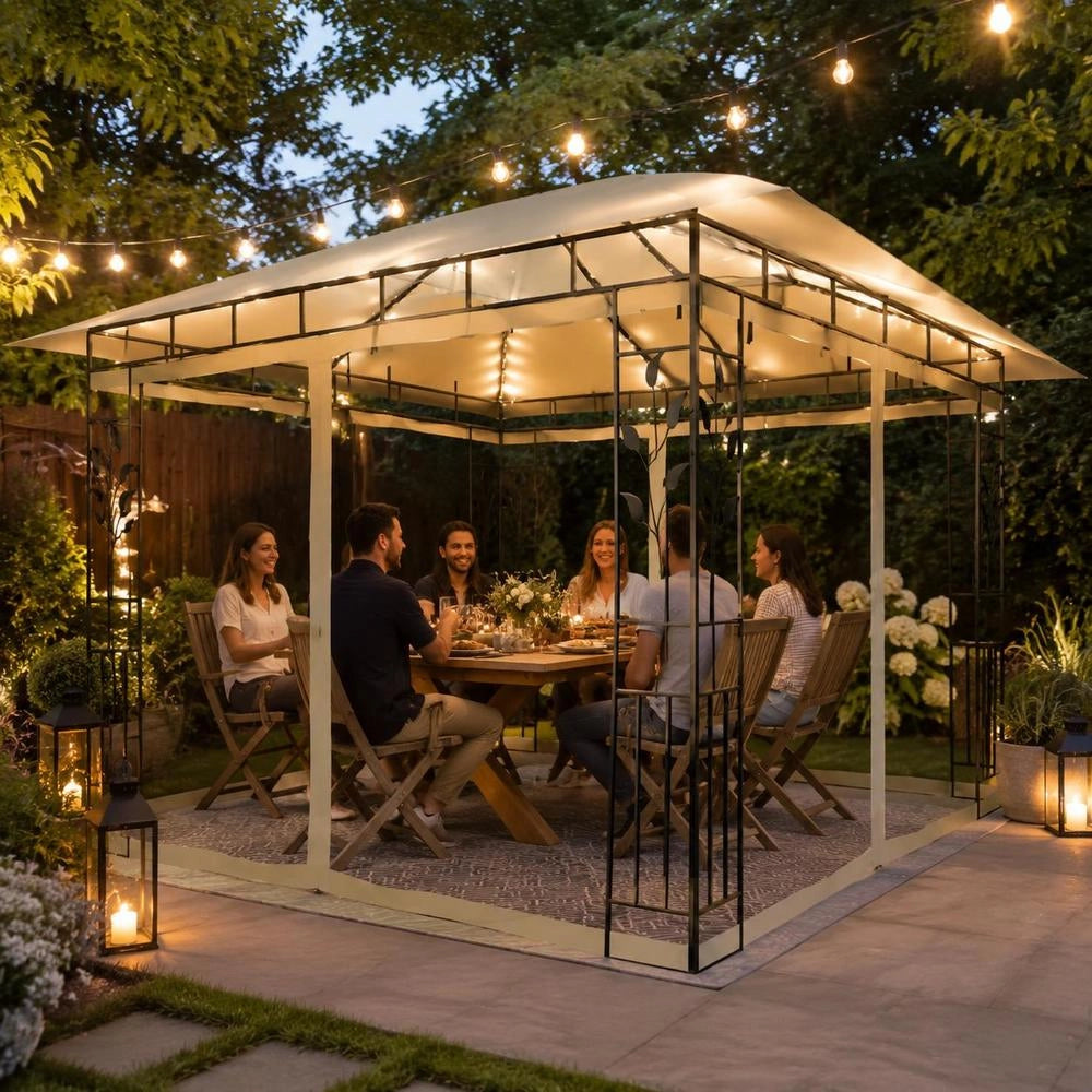 Pavilion With Mosquito Net & LED String Lights 4x3x2.73m Cream White