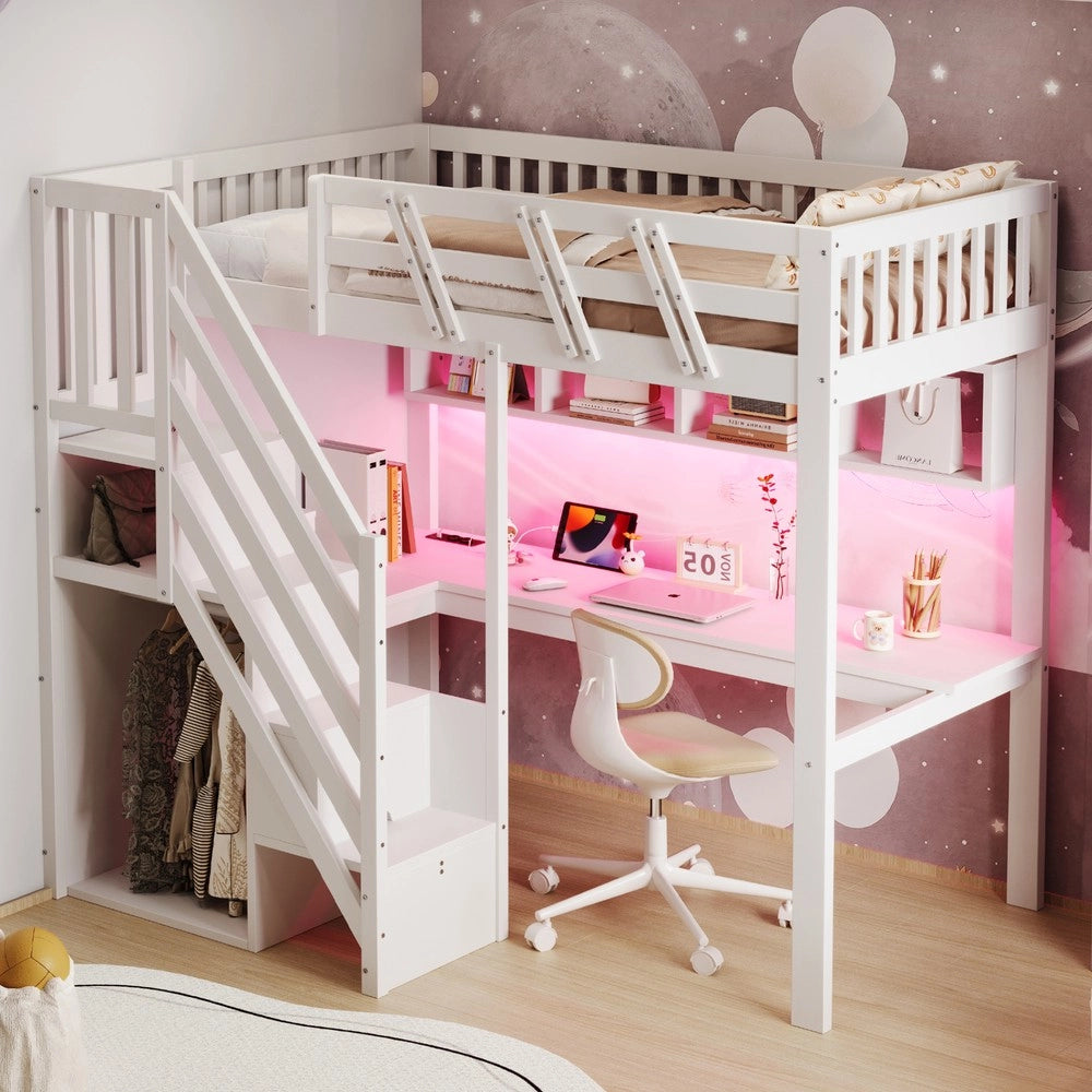 Letto Singolo in Legno Massello con Scala, Scrivania, LED e USB ¨C Xylo ¨C Bianco 90x200