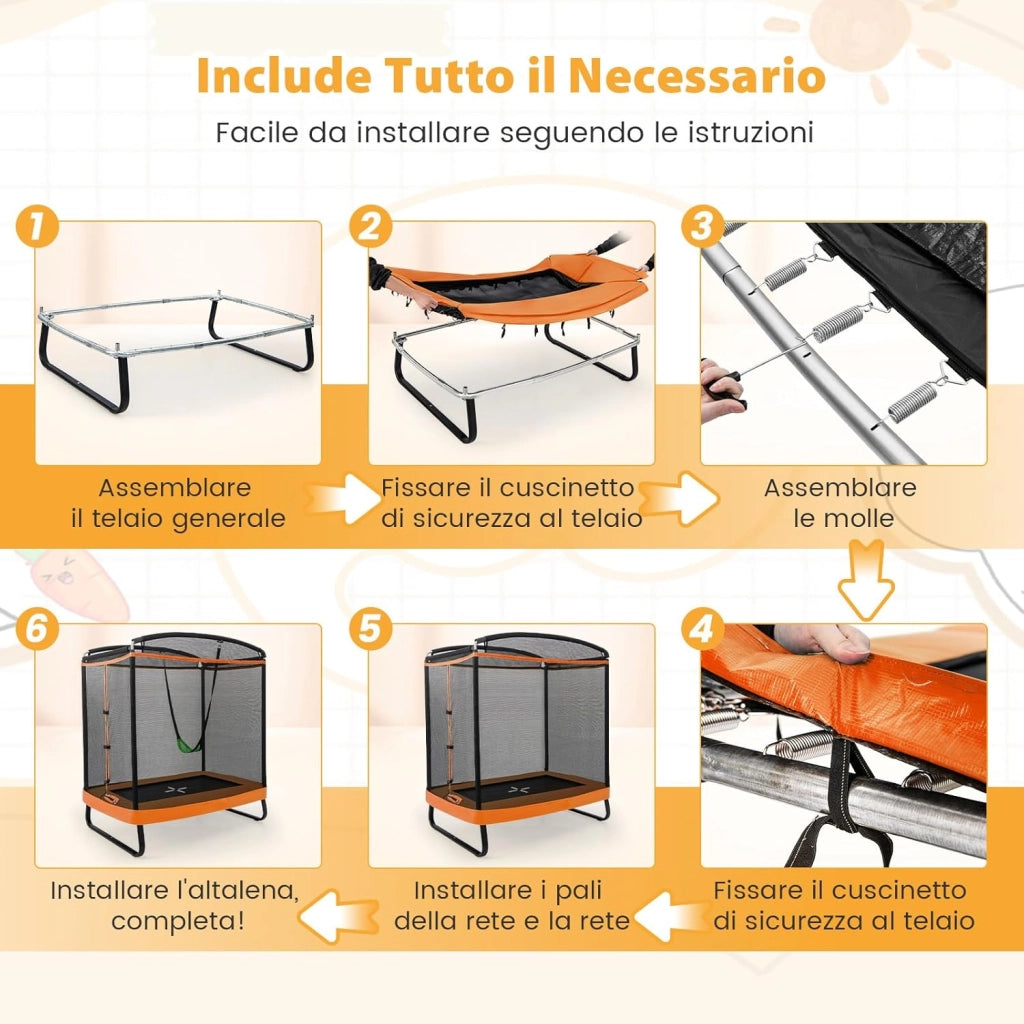 Trampolino per Bambini Rettangolare, Tappeto Elastico da Esterno ed Interno per Bambini da 190CM con Altalena e Rete di Sicurezza per Bambini più di 3 Anni, Portata 100kg