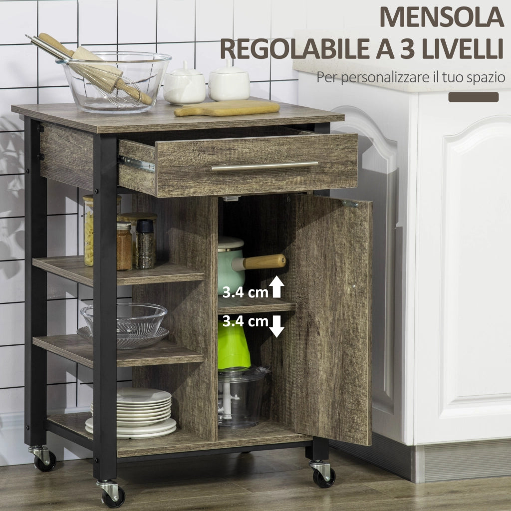 EasyComfort Carrello da Cucina Portavivande con Cassetto, Mensole, Armadietto e 4 Ruote, Legno Truciolare, 60x50x84.5cm, Quercia