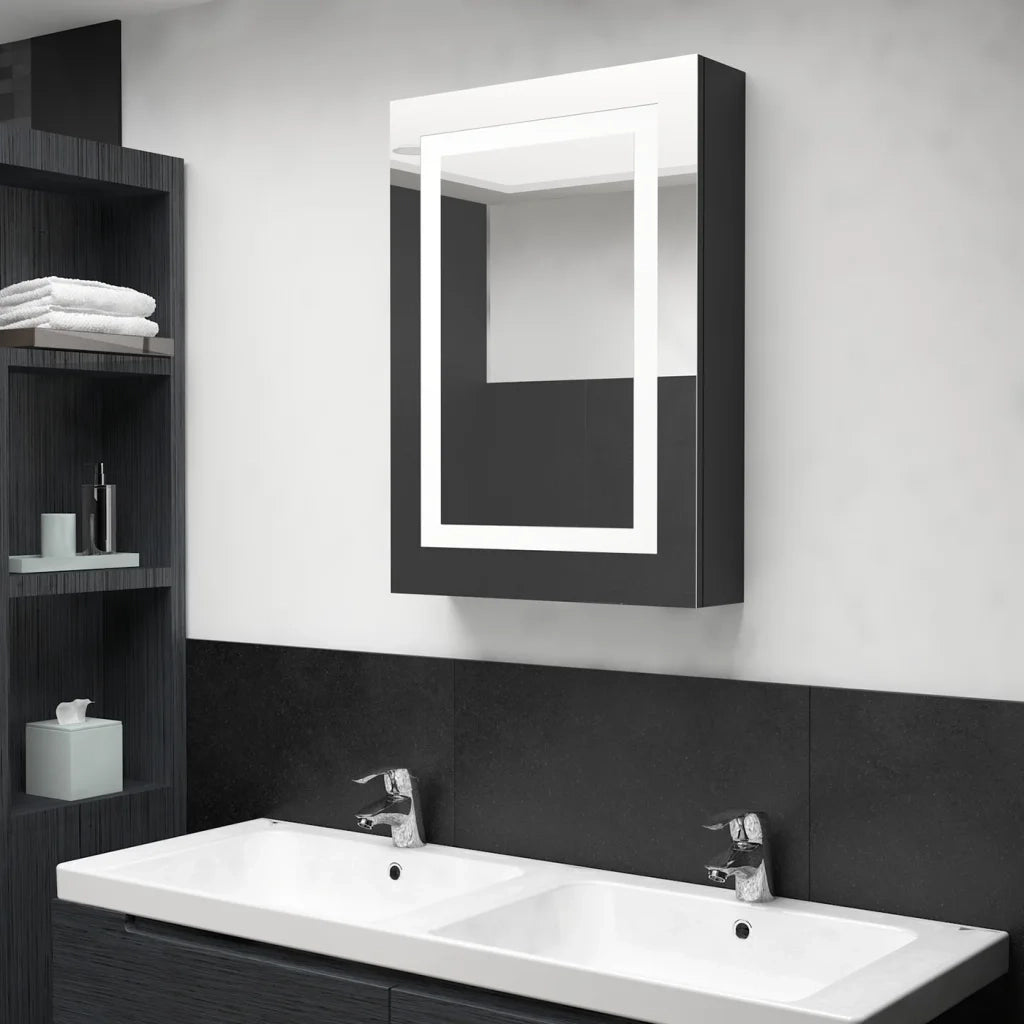 Armadietto Bagno | Armadio da bagno con Specchio e LED Nero Lucido 50x13x70 cm
