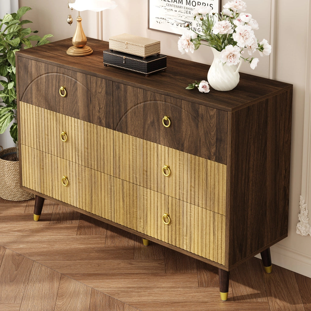 Comò a 6 cassetti effetto legno bicolore con gambe coniche in legno naturale 120 × 40 × 81 cm