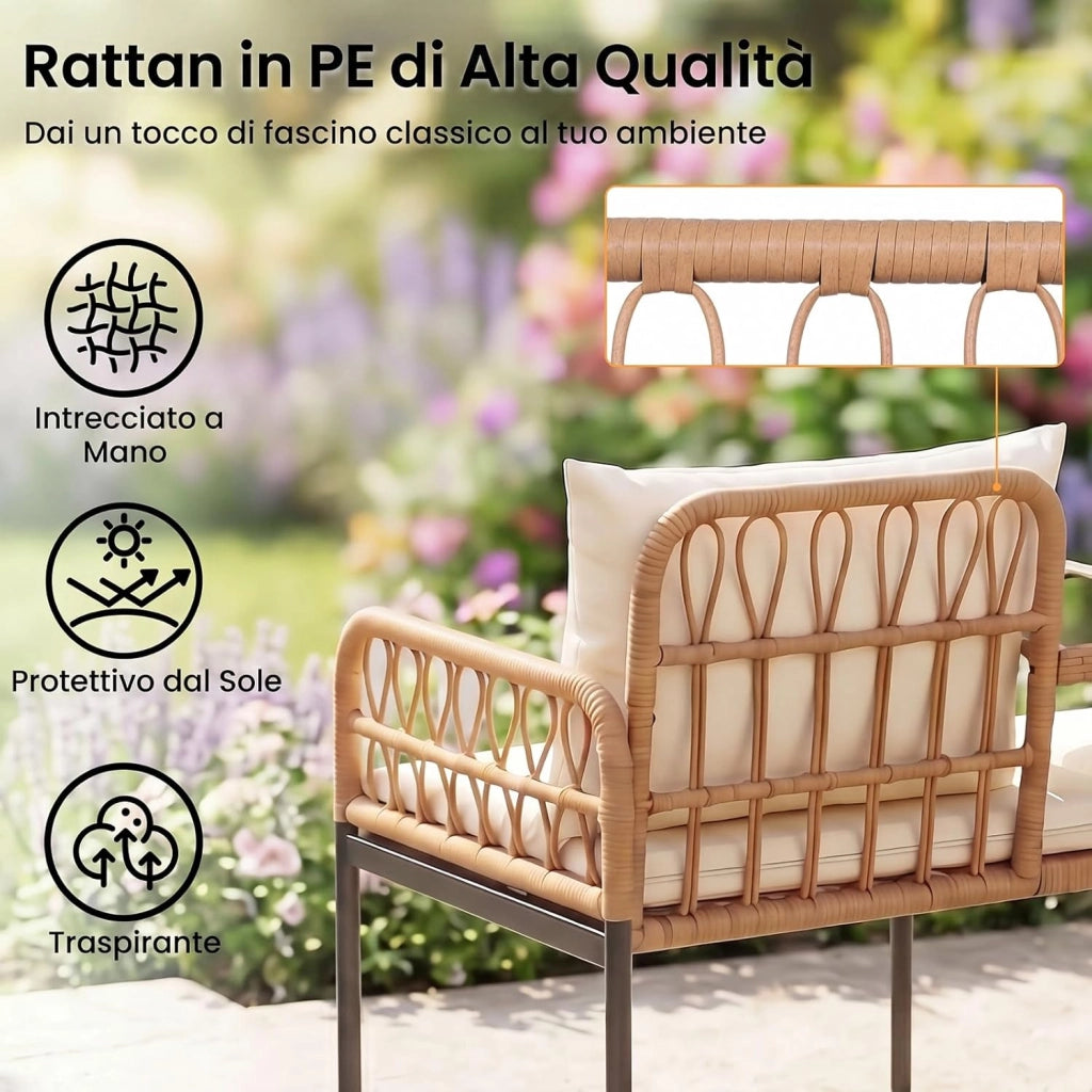 Divano da Giardino in Rattan PE, Panchina da Esterno con Tavolino Integrato in Vetro Temperato, Divanetto a 2 Posti, Cuscini Imbottiti, per Balcone, Terrazza e Cortile, Portata 150 kg