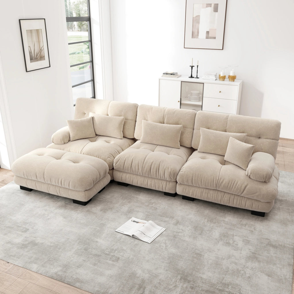 Divano modulare angolare in chenille color caffè chiaro con ottomane mobili