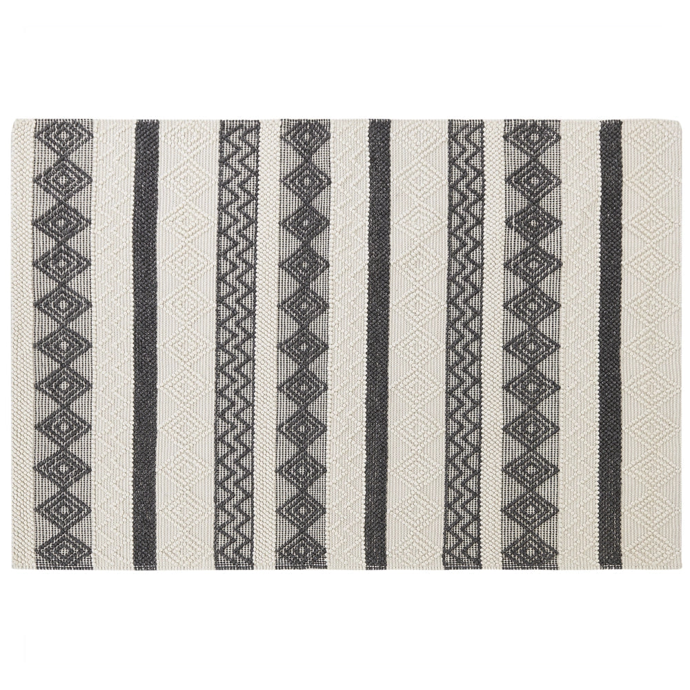 Tappeto in lana beige chiaro e grigio poliestere 140 x 200 cm intrecciato a mano motivo geometrico boho soggiorno camera da letto
