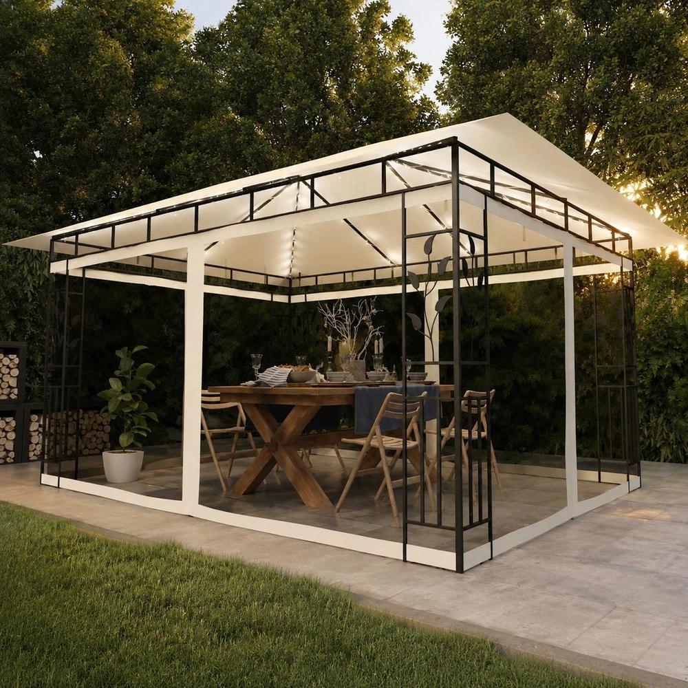Pavilion With Mosquito Net & LED String Lights 4x3x2.73m Cream White