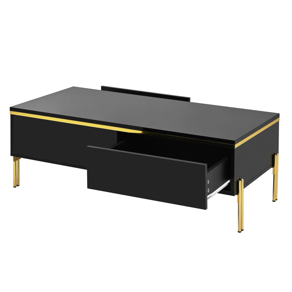 Tavolino da caffè 100x50x36 cm con doppio cassetto; finitura lucida; truciolare nero