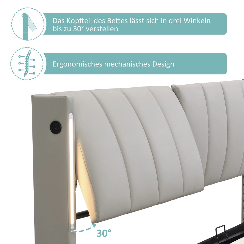 Letto imbottito 140x200 cm con LED; USB; testiera regolabile e contenitore; PU grigio