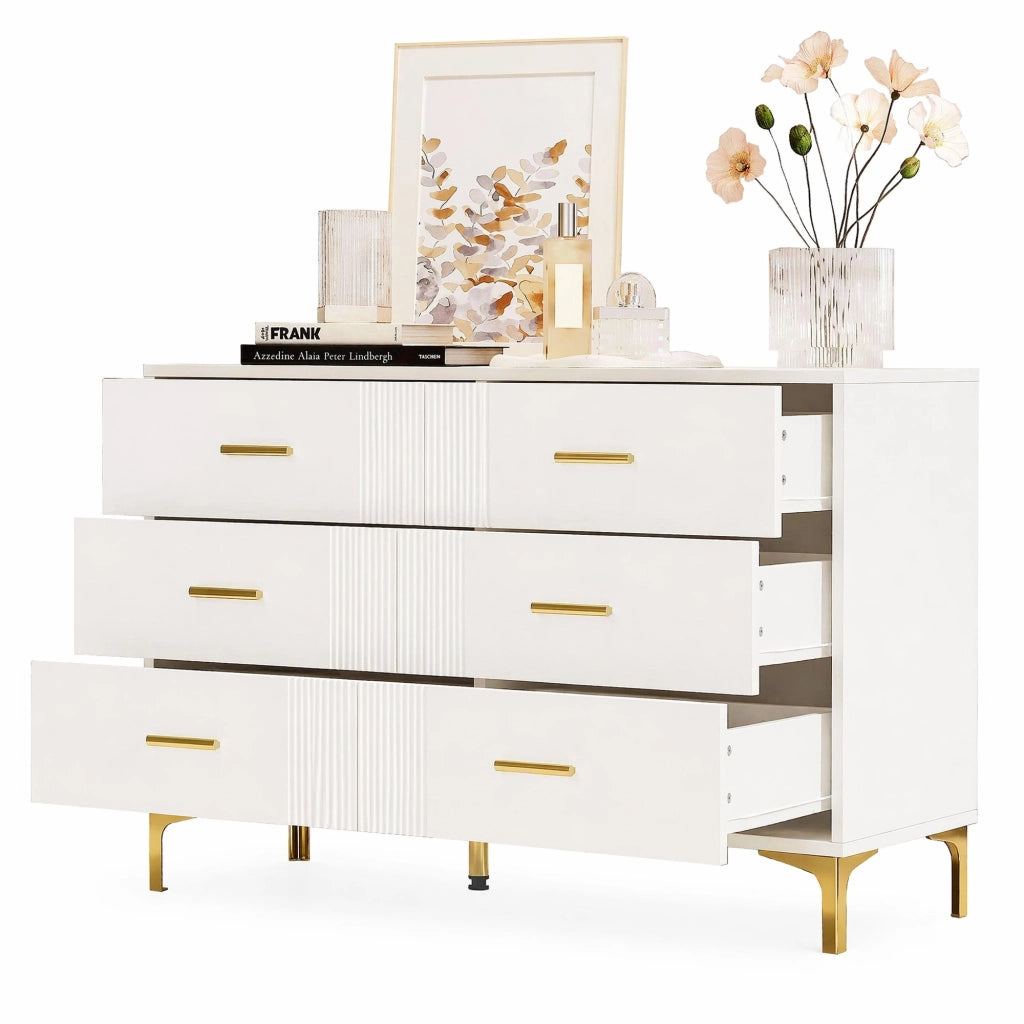 Cassettiera bianca con 6 cassetti e superficie ondulata; 120 x 40 x 76 cm in MDF