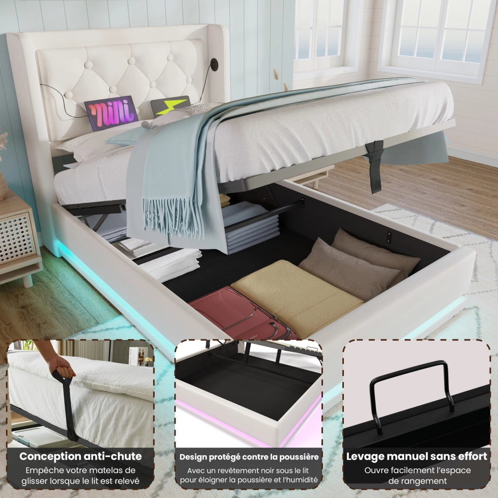 Letto Contenitore Singolo con USB; Tipo C e LED Regolabile 90×200 cm; senza Materasso; in PU Bianco