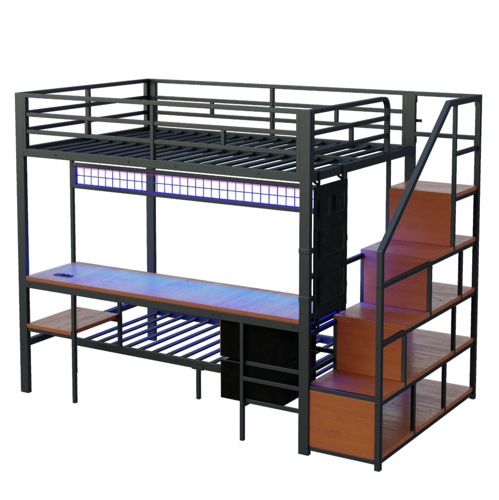 Letto a soppalco multifunzione 140x200 cm con scrivania; LED; prese; metallo e MDF; nero