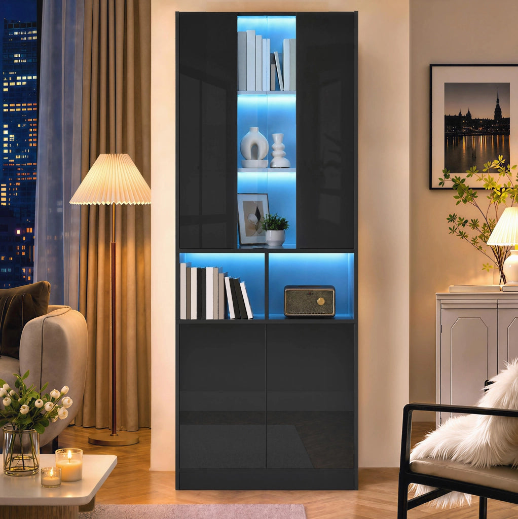Hochschrank con ante doppie; LED e inserto acrilico; 70x35x180 cm; nero