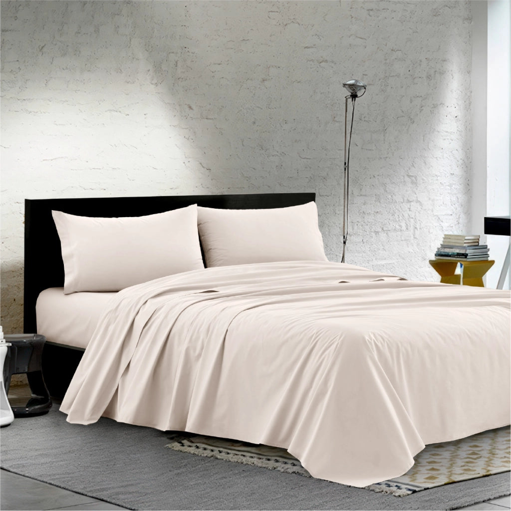 Completo Lenzuola Matrimoniale 100% Cotone Percalle 210 Tc Certificato OEKO-TEX Confezionato in Italia Lenzuolo con Angoli Maxi 30 cm, 2 Federe con Patella Panna