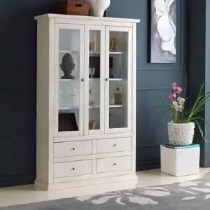 Credenza cristalliera in legno Shabby chic bianco opaco 4 cassetti