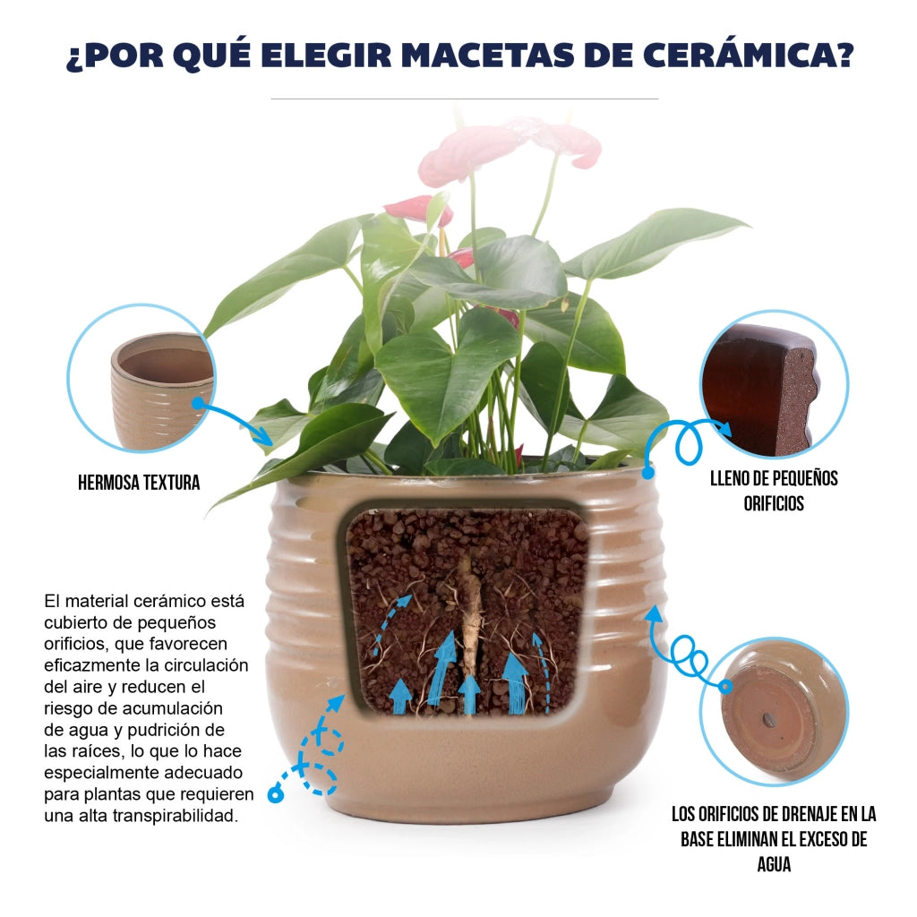 Fioriera in ceramica fatta a mano con scanalature orizzontali e smalto lucido marrone chiaro per interni Ø 20 cm