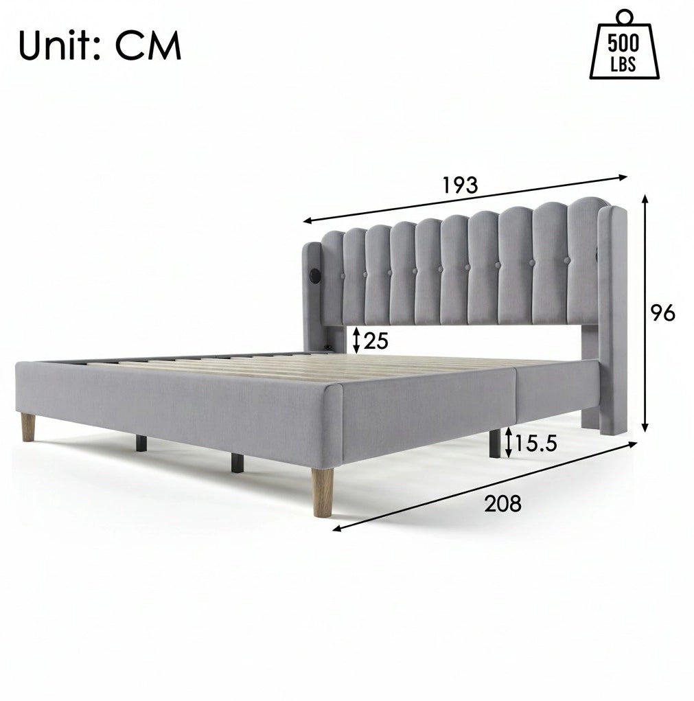 Letto matrimoniale imbottito 180x200 cm grigio con USB e Type-C