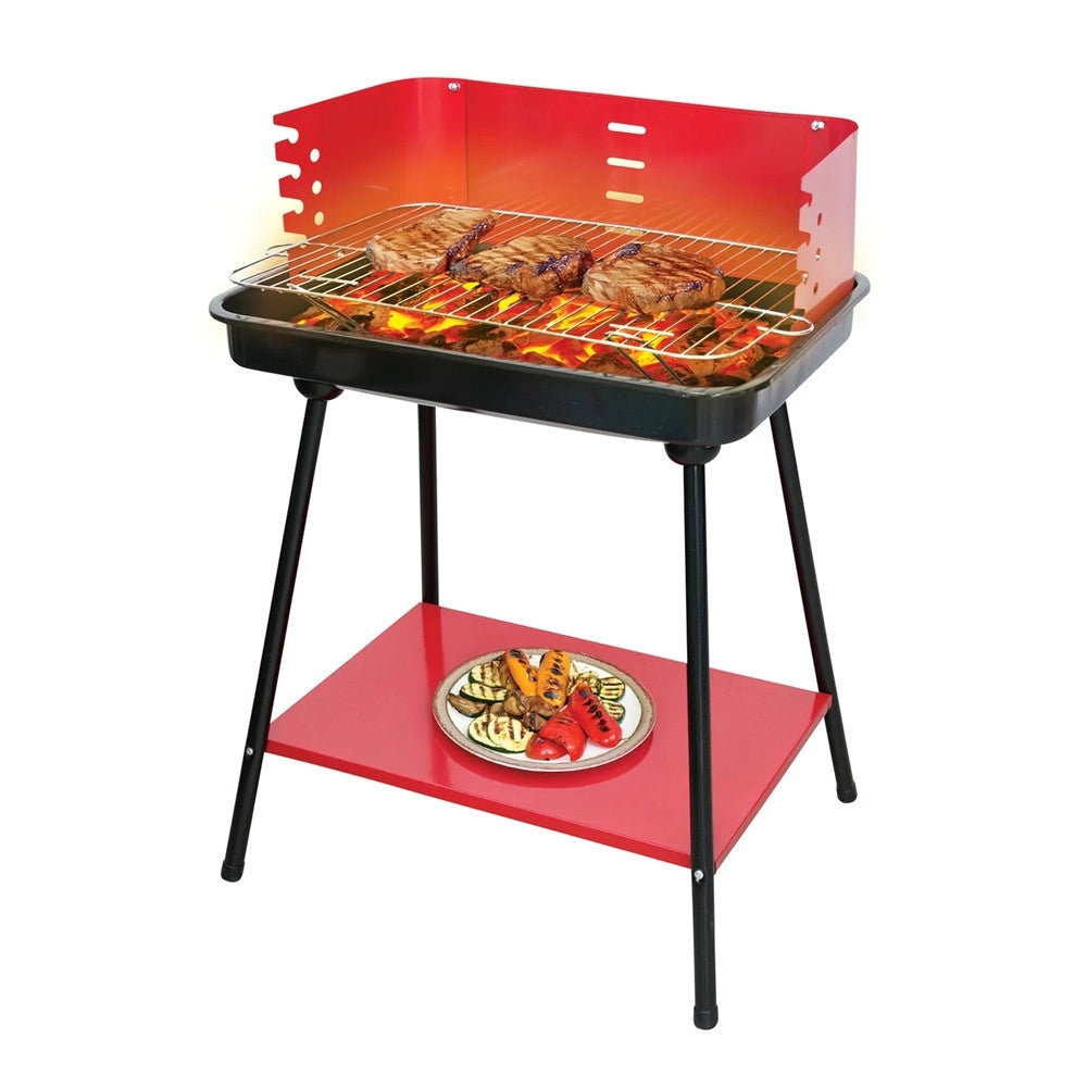 Trade Shop - Barbecue A Carbonella Con Griglia Regolabile In Acciaio Paravento Ripiano H82x58x38cm -