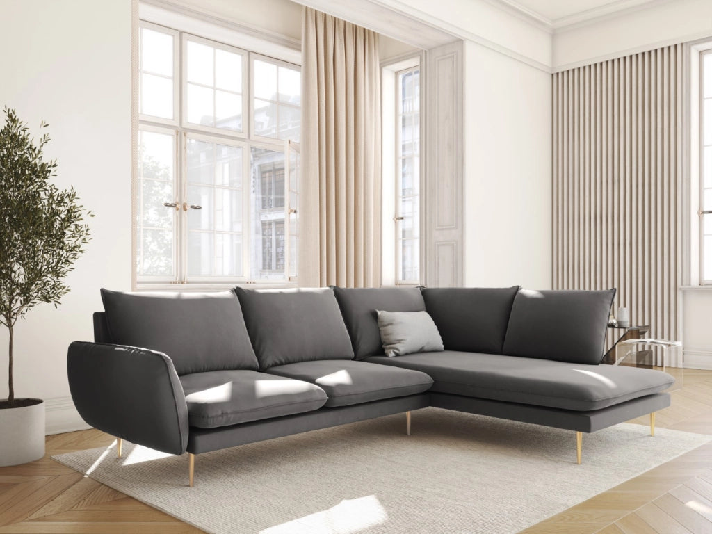 Cosmopolitan Design - Divano angolare destro "Vienna" 6 posti in velluto grigio chiaro 