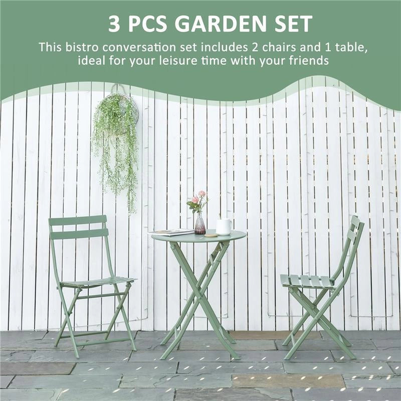 SET DA GIARDINO 3 PEZZI PIEGHEVOLI IN ACCIAIO 2 SEDIE 42X50X81 CM E TAVOLINO Ø60X71 CM VERDE