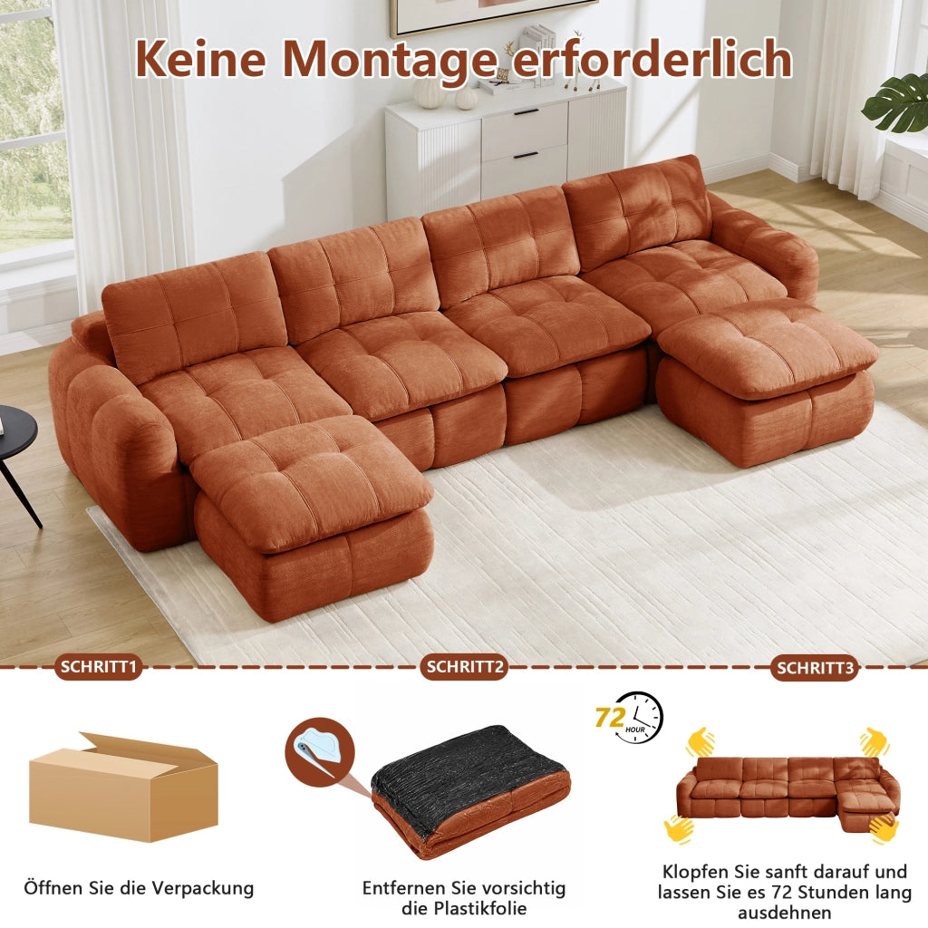 Divano modulare a u 4 posti con seduta profonda design trapuntato 2 pouf in chenille arancione 334 × 160 × 68 cm