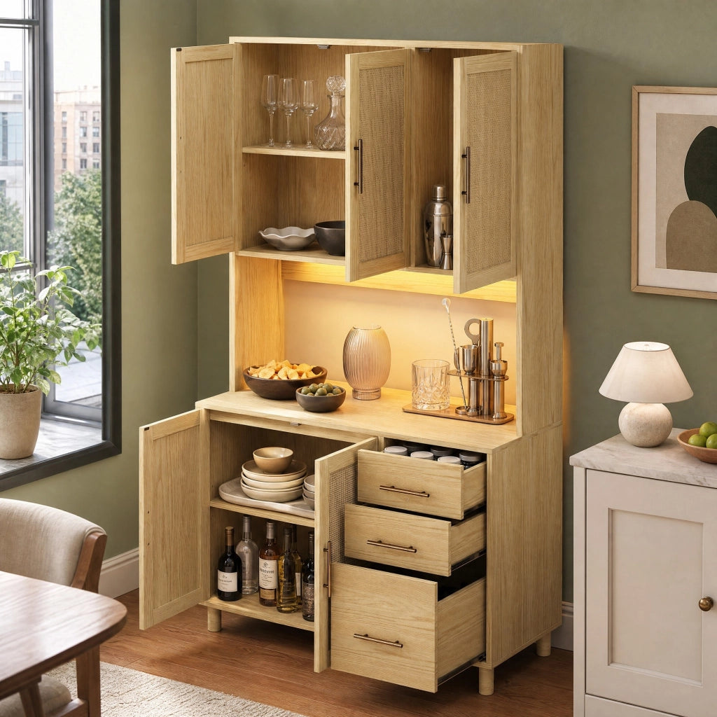 Credenza cucina 183 cm con LED APP, prese USB e schuko, 3 cassetti, ripiani regolabili, finitura naturale