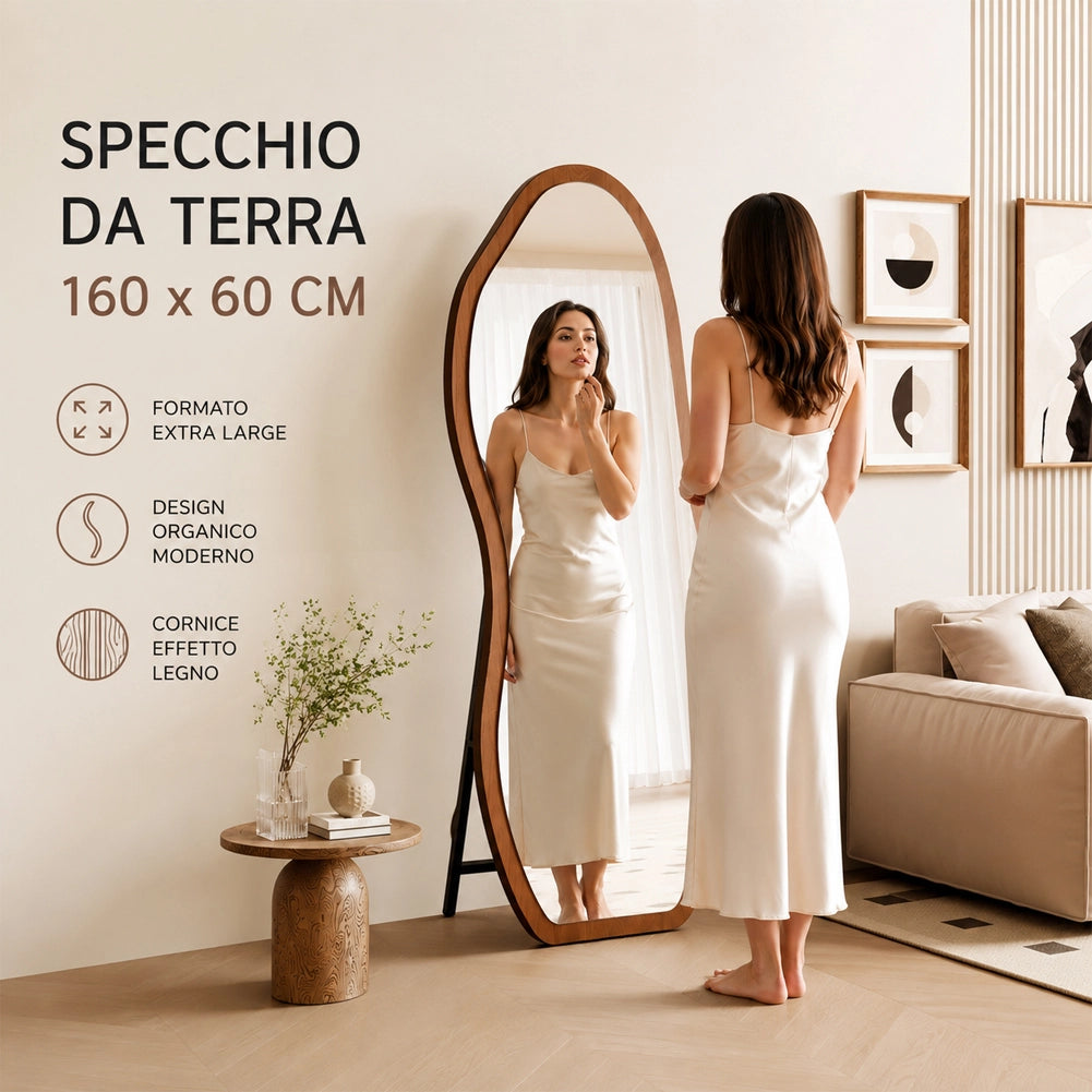Specchio a Onda Rovere con Struttura Legno Autoportante Design Moderno 160x60cm