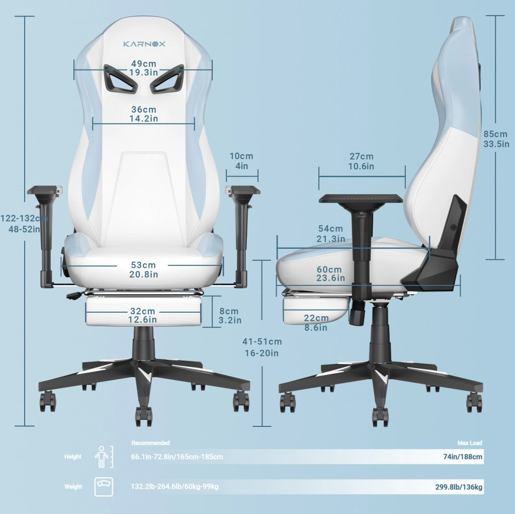 Sedia gaming ergonomica 60x53x132 cm bianca e blu, poggiapiedi, similpelle
