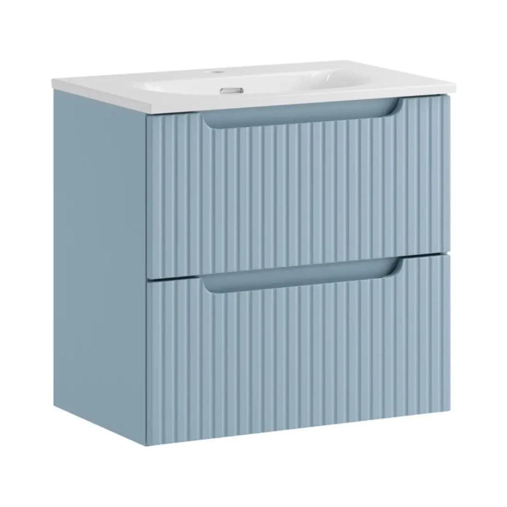 Set bagno sospeso VANO blu denim 60cm: mobile sottolavello con cassetti + lavabo da incasso bianco