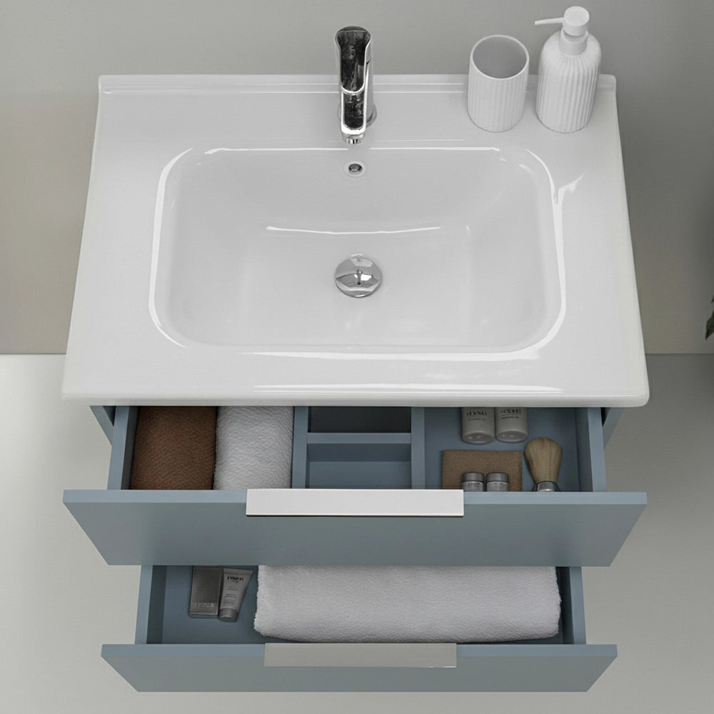Mobile bagno sospeso 100cm azzurro polvere con cassetti lavabo e specchio Elva