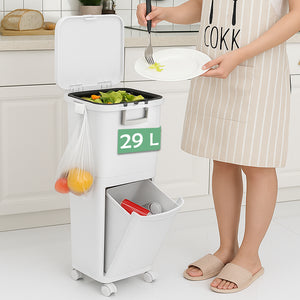 Pattumiera da Cucina per Raccolta Differenziata 2 Scomparti Capacità 29 L con Pedale e Ruote 26x36x76,6 cm in PP Bianco