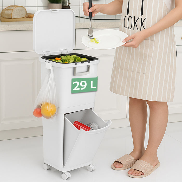 Pattumiera da Cucina per Raccolta Differenziata 2 Scomparti Capacità 29 L con Pedale e Ruote 26x36x76,6 cm in PP Bianco