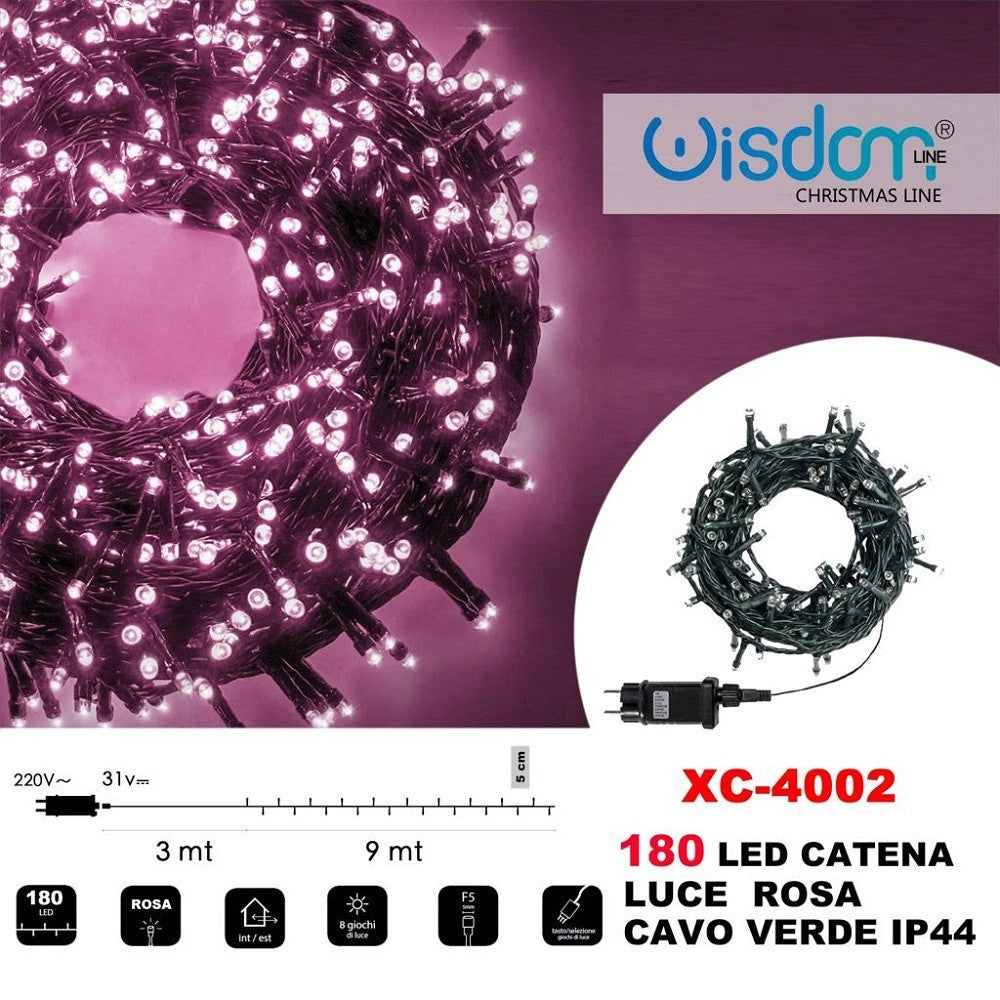 Trade Shop - Catena Luminosa 180 Luci Led Lucciole Luce Rosa Cavo Verde Ip44 Xc-4002 -