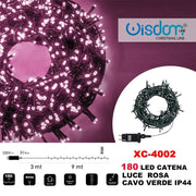 Trade Shop - Catena Luminosa 180 Luci Led Lucciole Luce Rosa Cavo Verde Ip44 Xc-4002 -